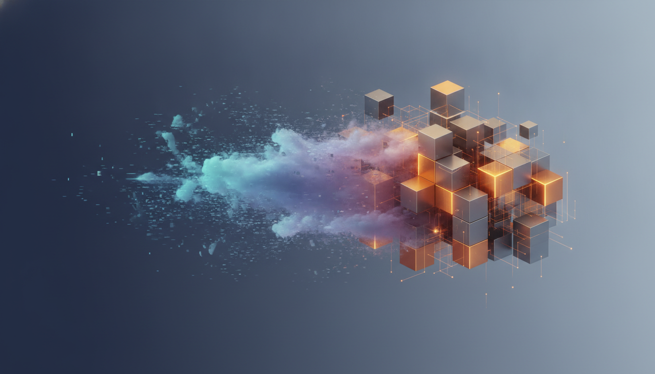 Abstract illustration showing digital hype transforming into concrete, functional utility in a modern tech landscape.