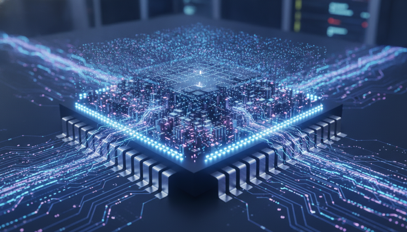 A close-up view of a highly advanced, sub-1 nanometer semiconductor chip with intricate, glowing circuits, symbolizing cutting-edge AI processing power.
