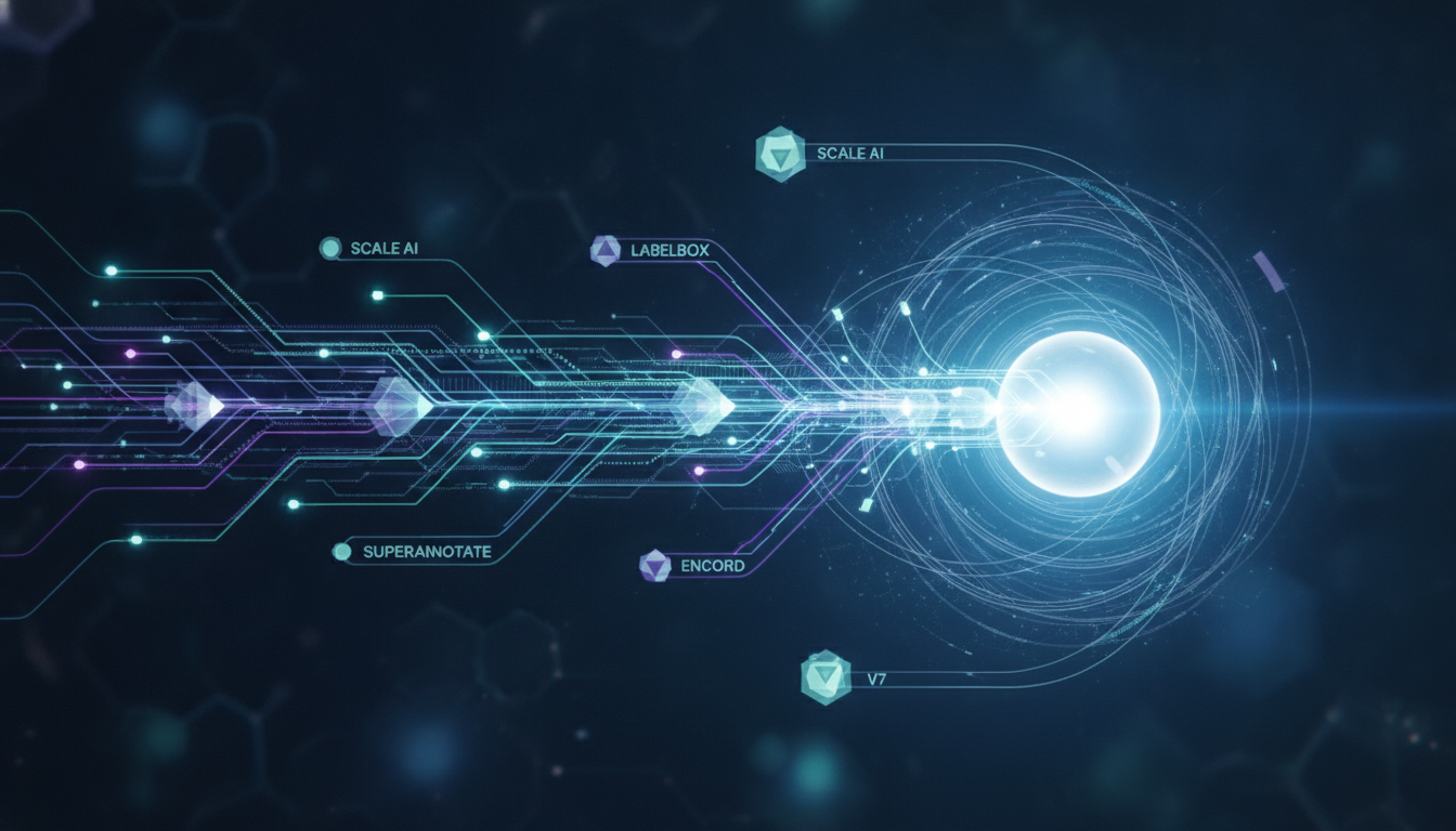 Dynamic abstract visual of interconnected AI data labeling and infrastructure platforms streamlining data processing.