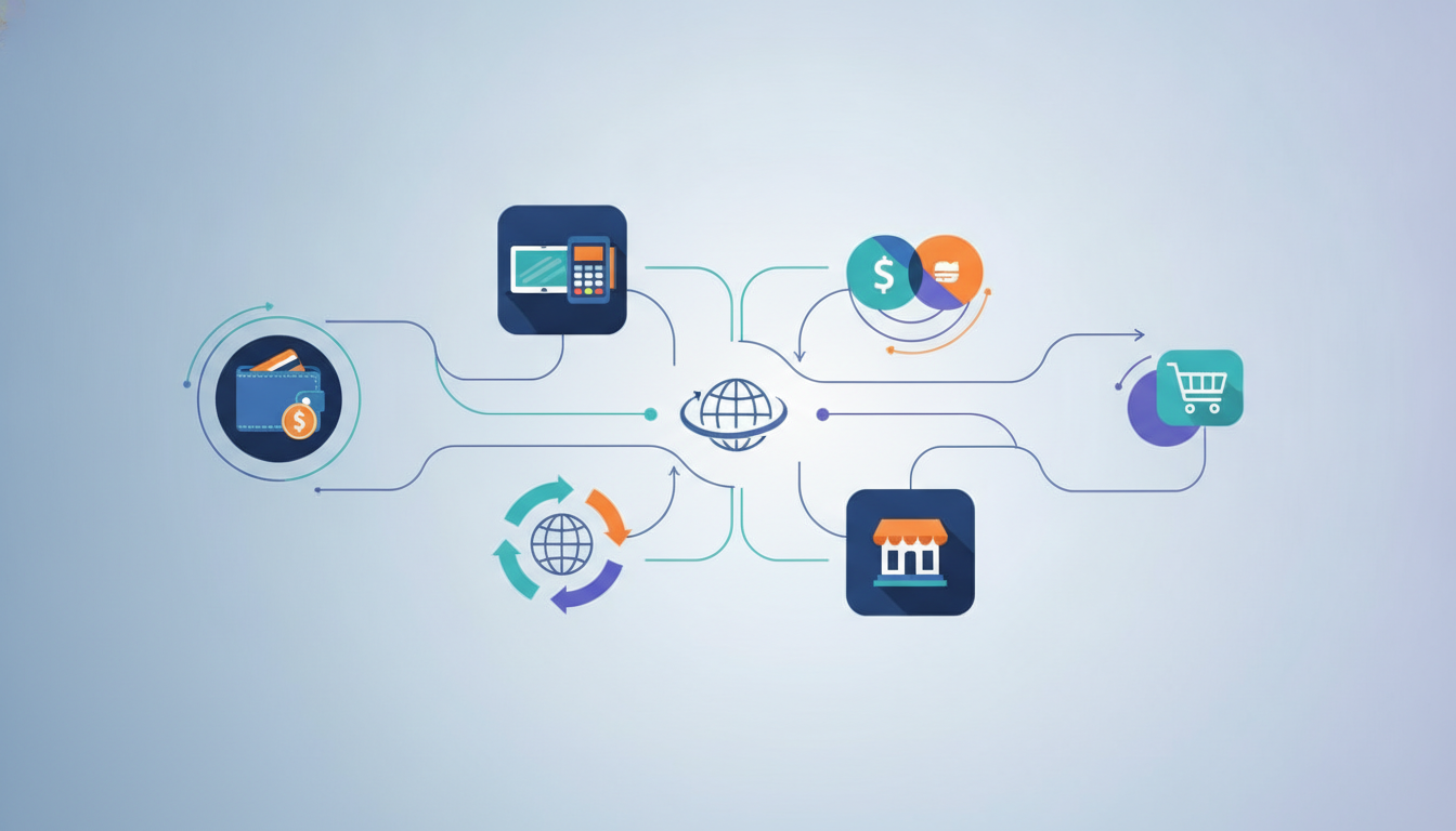 Visualizing diverse FinTech services converging for global commerce.
