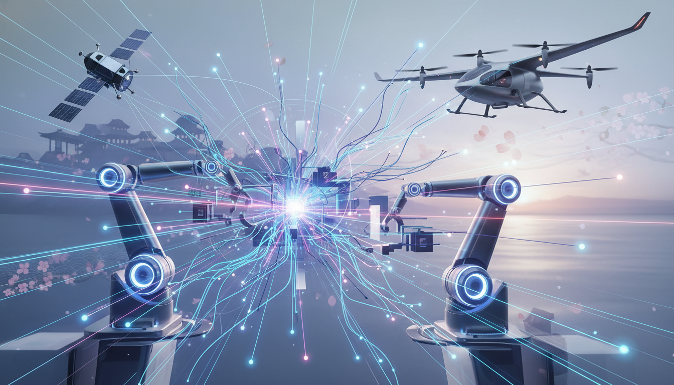 Interconnected technologies representing diverse Japanese startup innovations in AI, robotics, and aerospace.