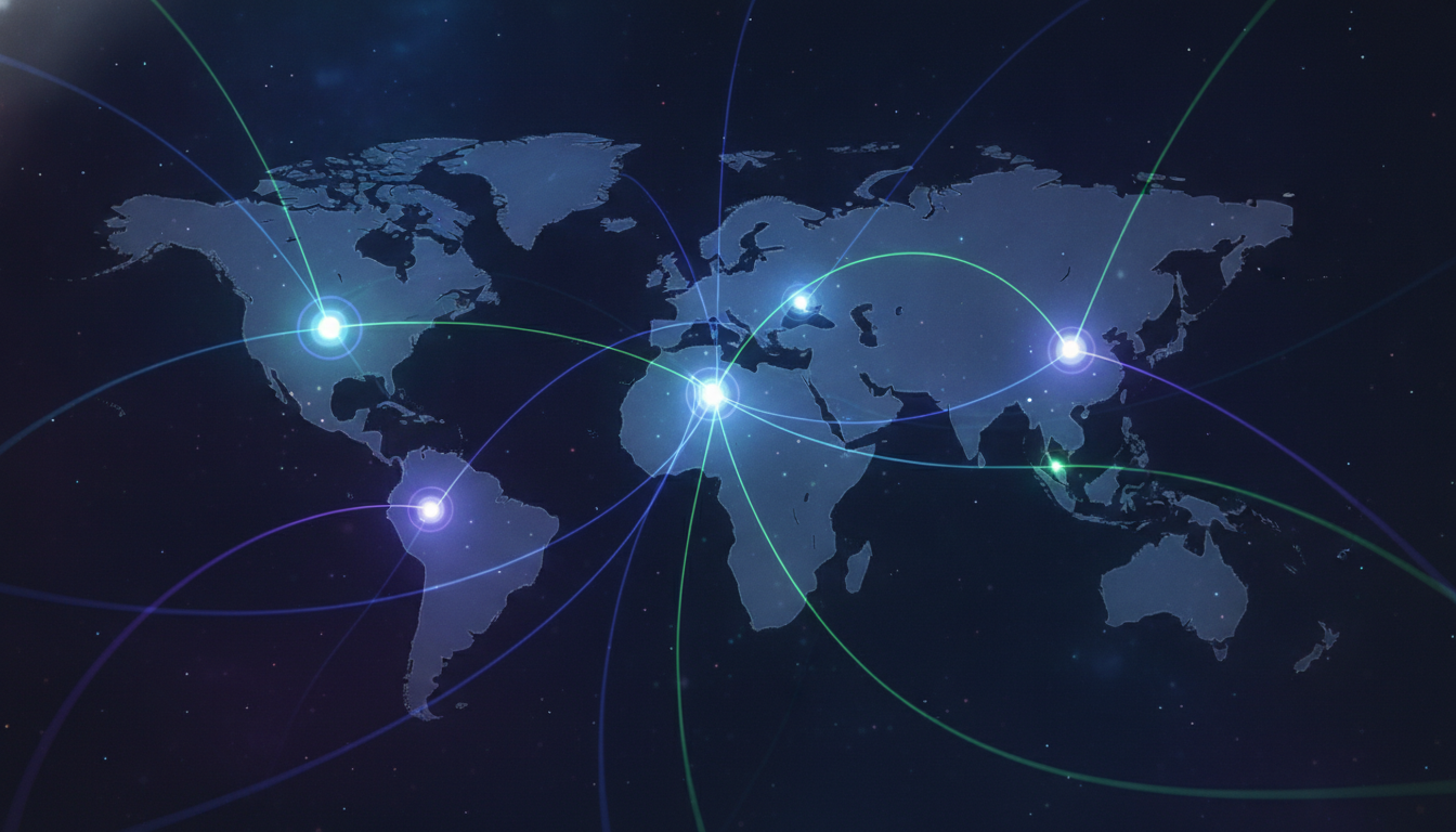 Abstract visual of global tech events and conferences interconnected across a world map.