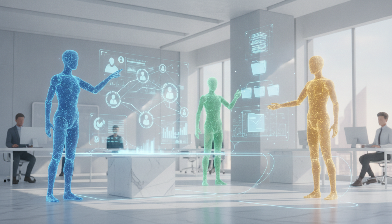 Diverse AI agents collaborating to enhance productivity and automate workflows in a modern digital workspace.