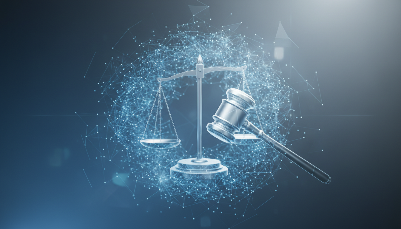 Abstract visual depicting AI elements blending with traditional legal symbols, representing the modernization of law.