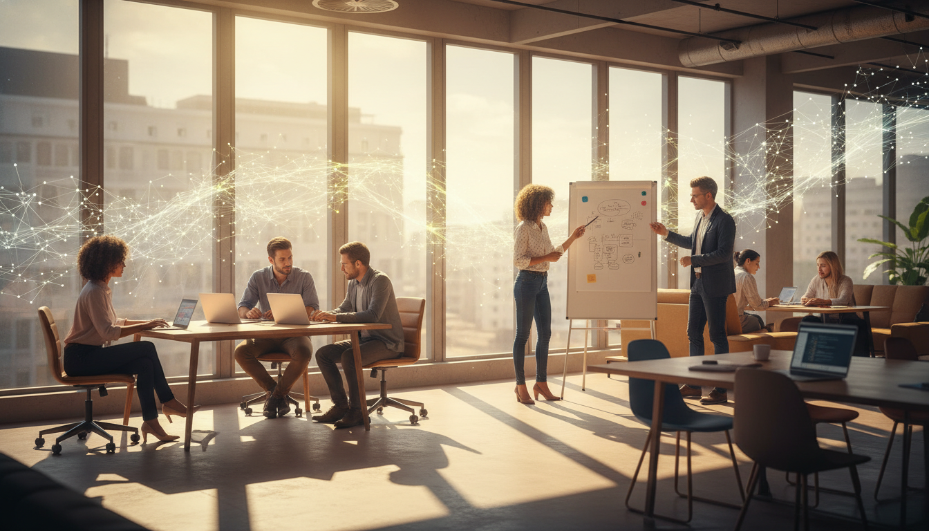 Diverse entrepreneurs collaborating in a modern, vibrant UK co-working space, symbolizing a dynamic startup ecosystem.
