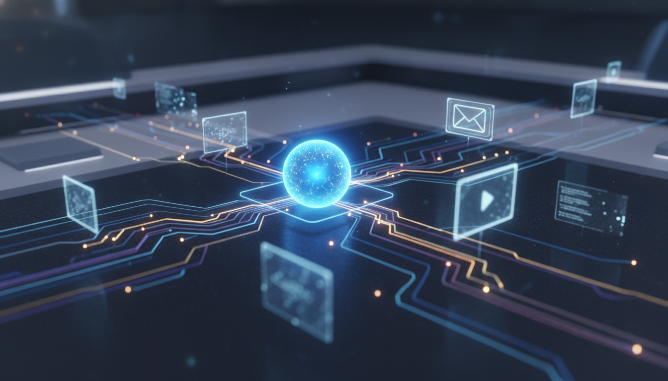 AI-powered marketing dashboard orchestrating data, predictive analytics, and generative content.