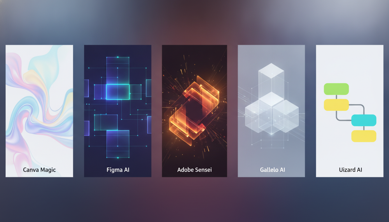 Conceptual comparison of five distinct AI design tool interfaces, highlighting their unique functions.