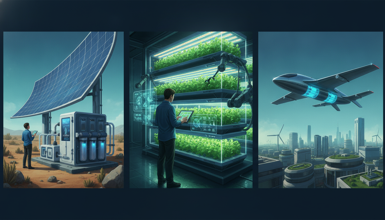 A multi-panel image depicting specialized AI applications in action, including indoor farming, solar water purification, and sustainable aviation.