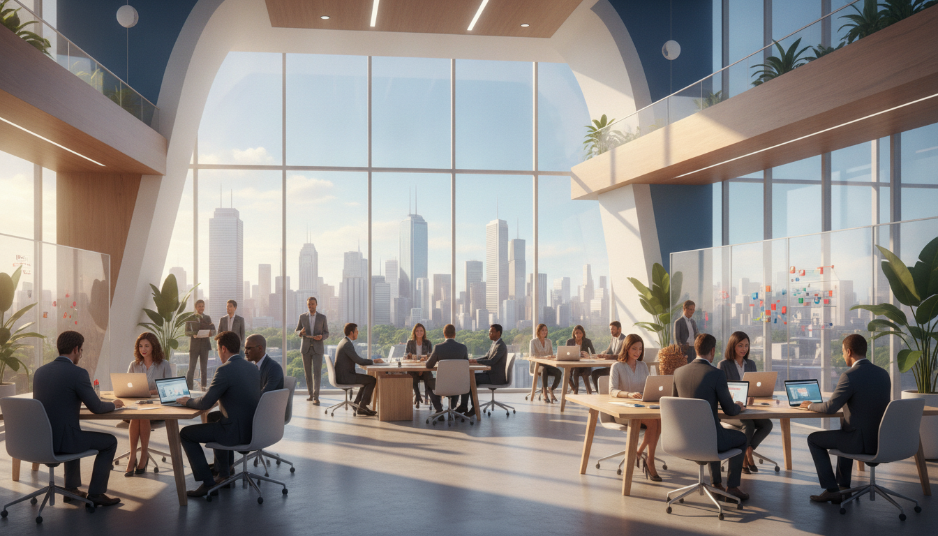 Diverse professionals collaborating in a modern, sunlit co-working space in a Brazilian city, symbolizing innovation.