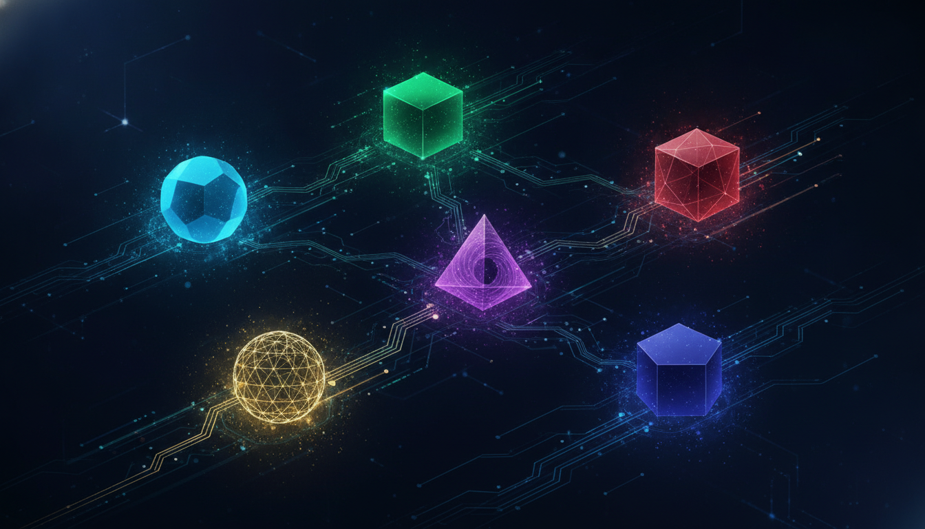 An abstract visualization comparing different AI coding tools, with interconnected nodes and data points representing features, pricing, and usage metrics.