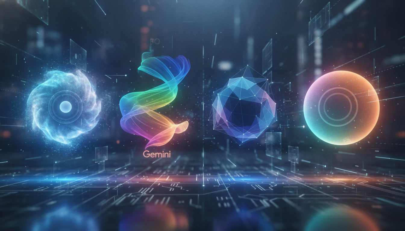 Abstract digital representation of evolving AI assistants Siri, Gemini, Copilot, and Alexa, interconnected in a futuristic digital space.
