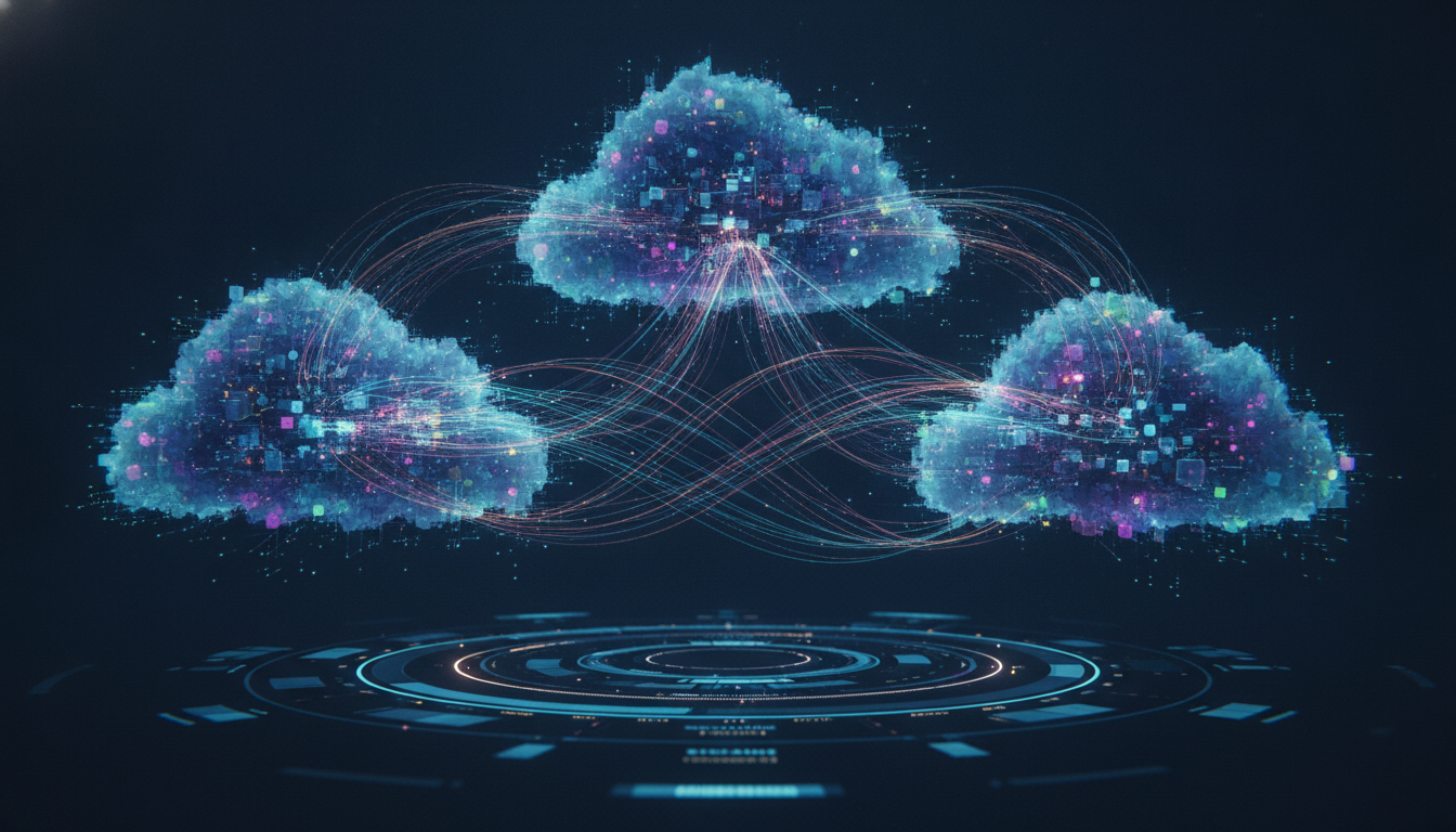 Abstract visualization of three interconnected major cloud computing platforms and their foundational services.