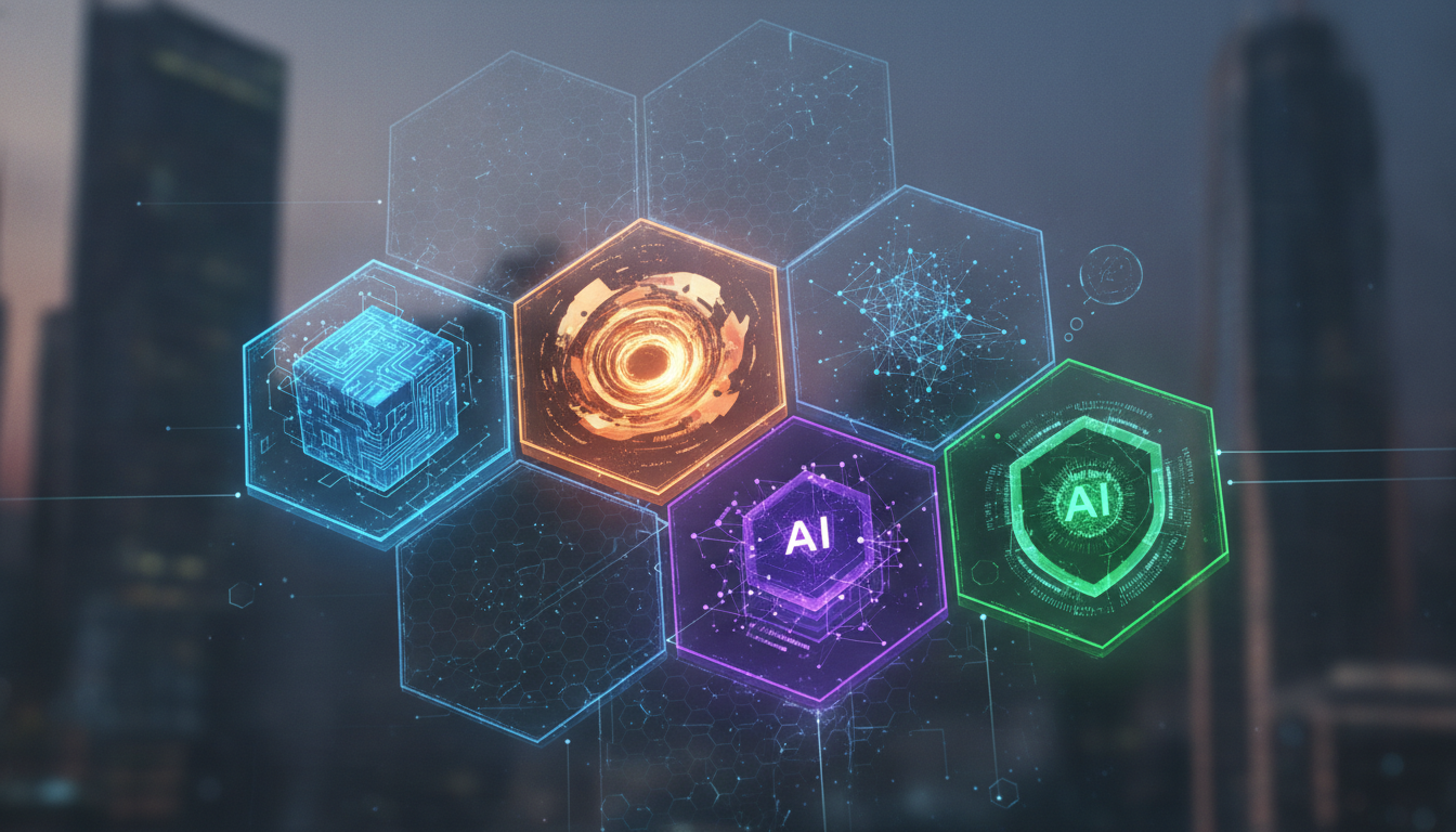A visual mosaic depicting various specialized AI applications and models, such as coding, image generation, and language processing.