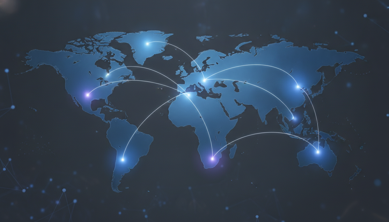 A stylized world map highlighting major global AI conference locations with connecting data lines.