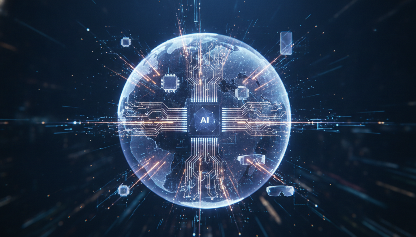 Abstract illustration of glowing semiconductor circuits representing growth in AI and consumer electronics.