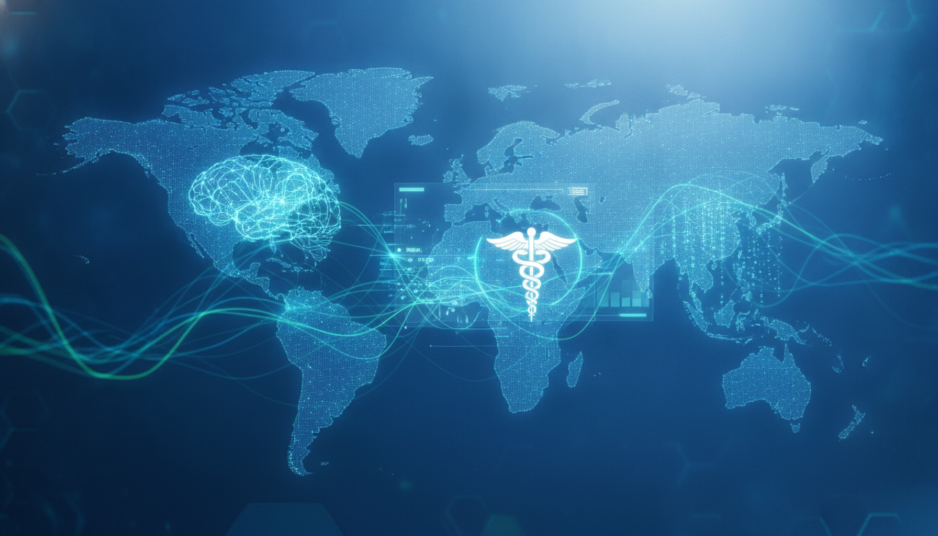 Abstract representation of global health technology with AI, data, and telehealth symbols.