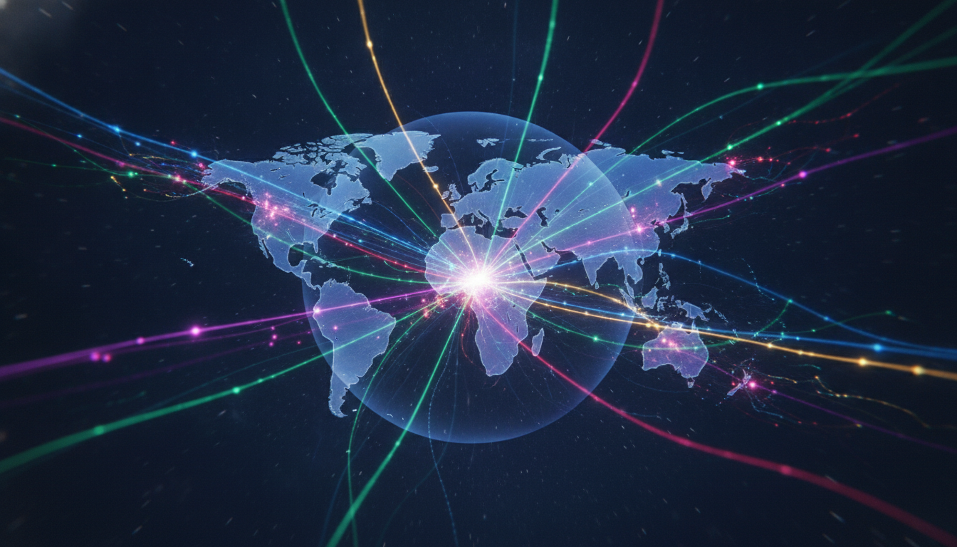 Abstract visualization of global music streaming market competition and growth.