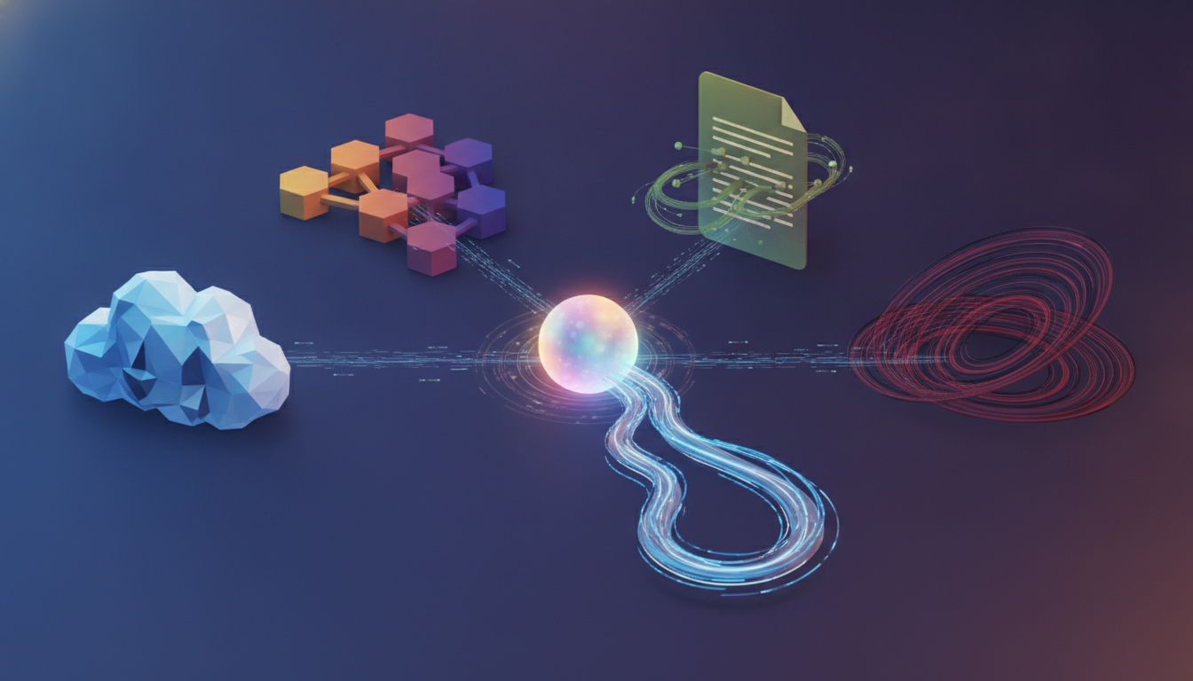 Abstract representation of five distinct data platforms integrating and flowing towards a central AI intelligence core, symbolizing synergy and evolution.