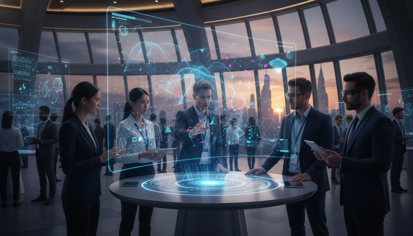 Diverse developers engaging with technology at a global conference, symbolizing learning and collaboration across different tech fields.