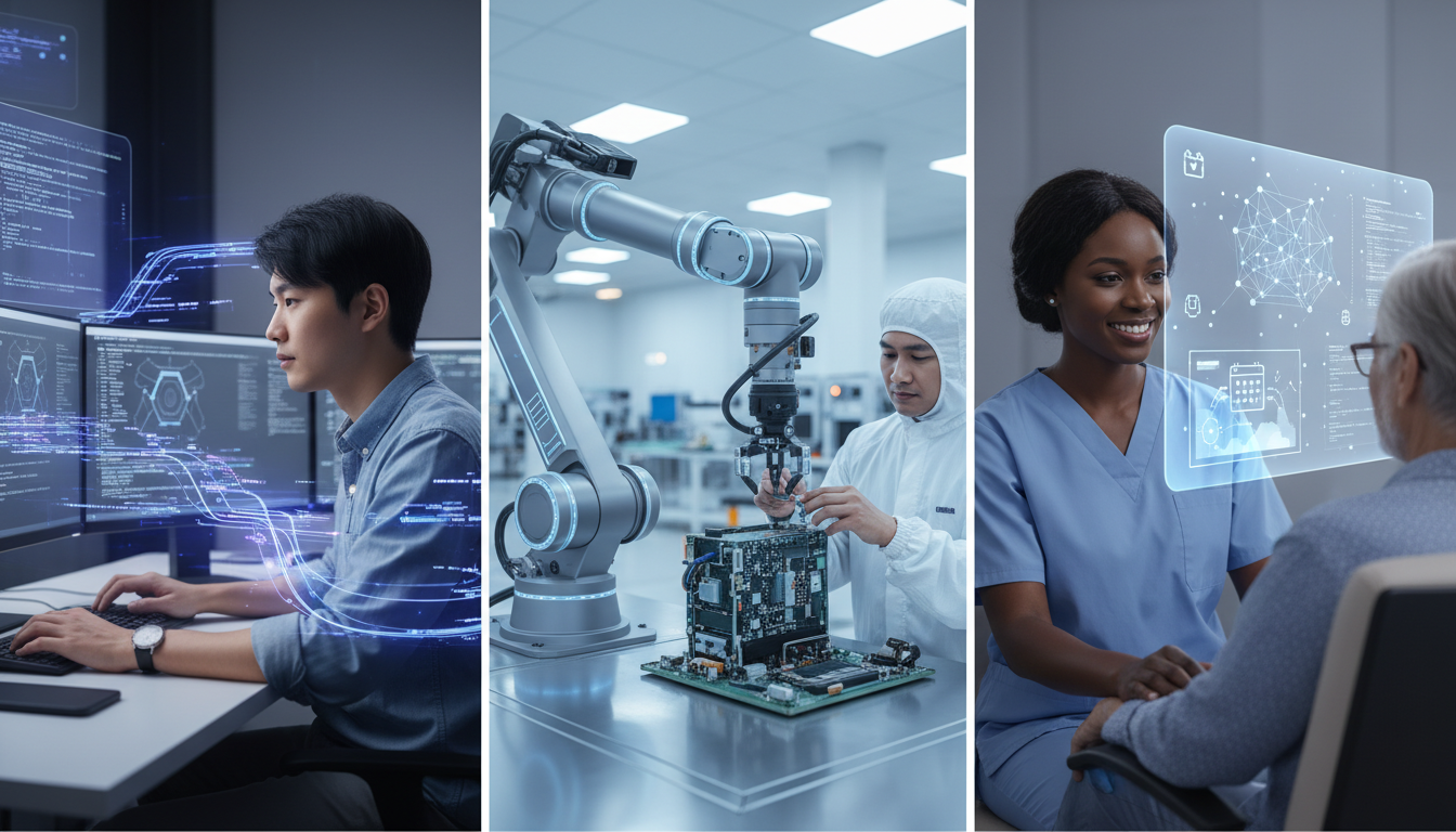 Three panels showing AI assisting in software deployment, industrial robotics, and healthcare administration, highlighting collaboration.