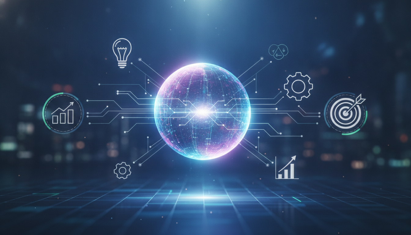 Abstract depiction of AI integrating into marketing, showing data, creativity, and automation.