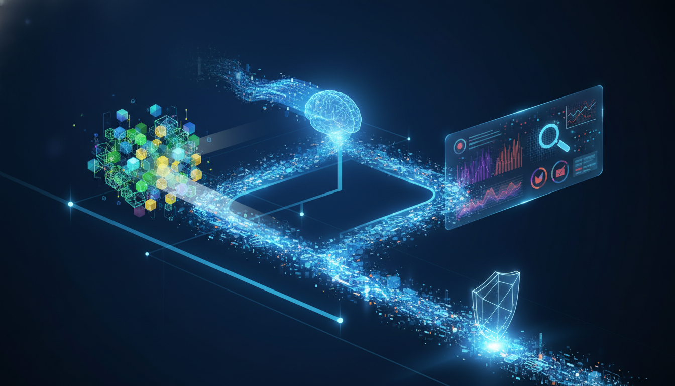 Conceptual illustration showing AI-generated digital information being verified through multiple stages, including cross-referencing with external knowledge bases and real-time monitoring, symbolizing solutions for AI trustworthiness.