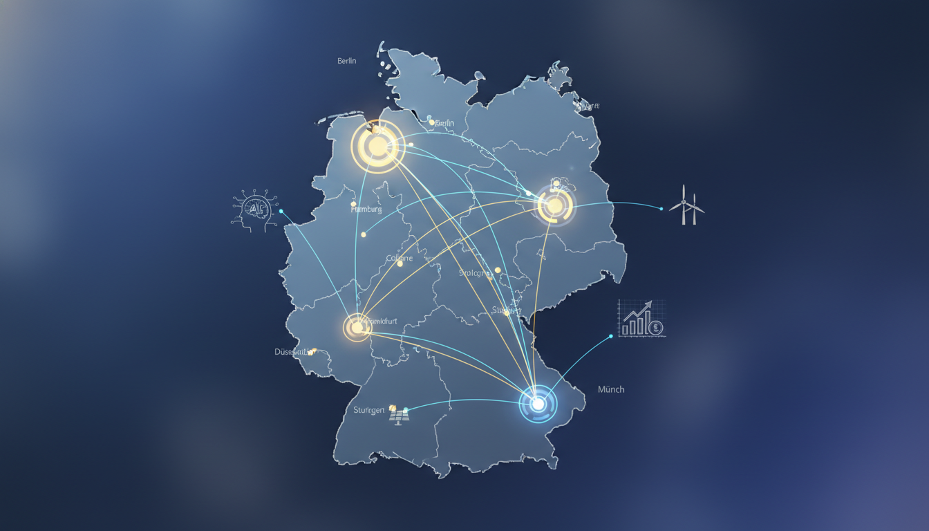 Stylized map of Germany highlighting major startup hubs like Berlin, Munich, and Hamburg, with visual indicators of investment flow and key tech sectors.