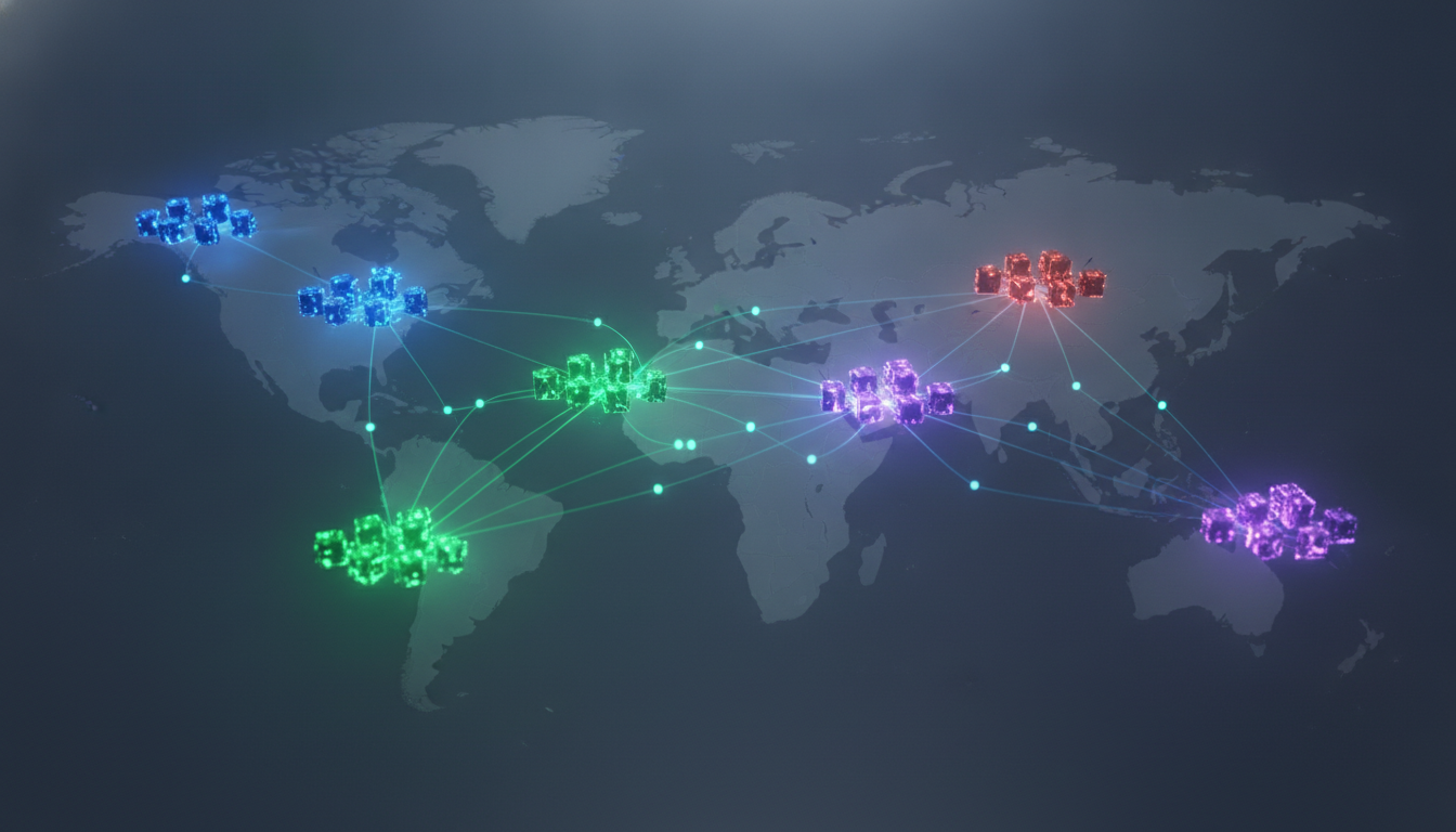 Abstract visualization of global technology sectors interconnected across a world map.