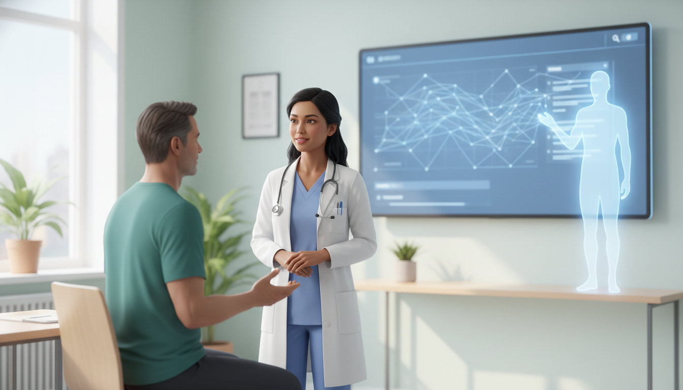 A calm doctor interacts with a patient, with an AI interface subtly shown in the background, symbolizing AI's role in reducing physician burnout by automating documentation.