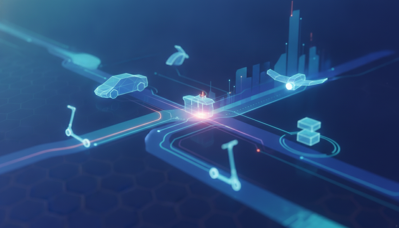 Abstract representation of integrated mobility-as-a-service (MaaS) connecting various transport modes.