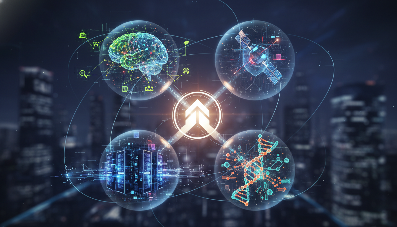 Conceptual illustration showing the convergence of AI infrastructure, specialized AI, deep tech for national security, and AI-driven biotech.