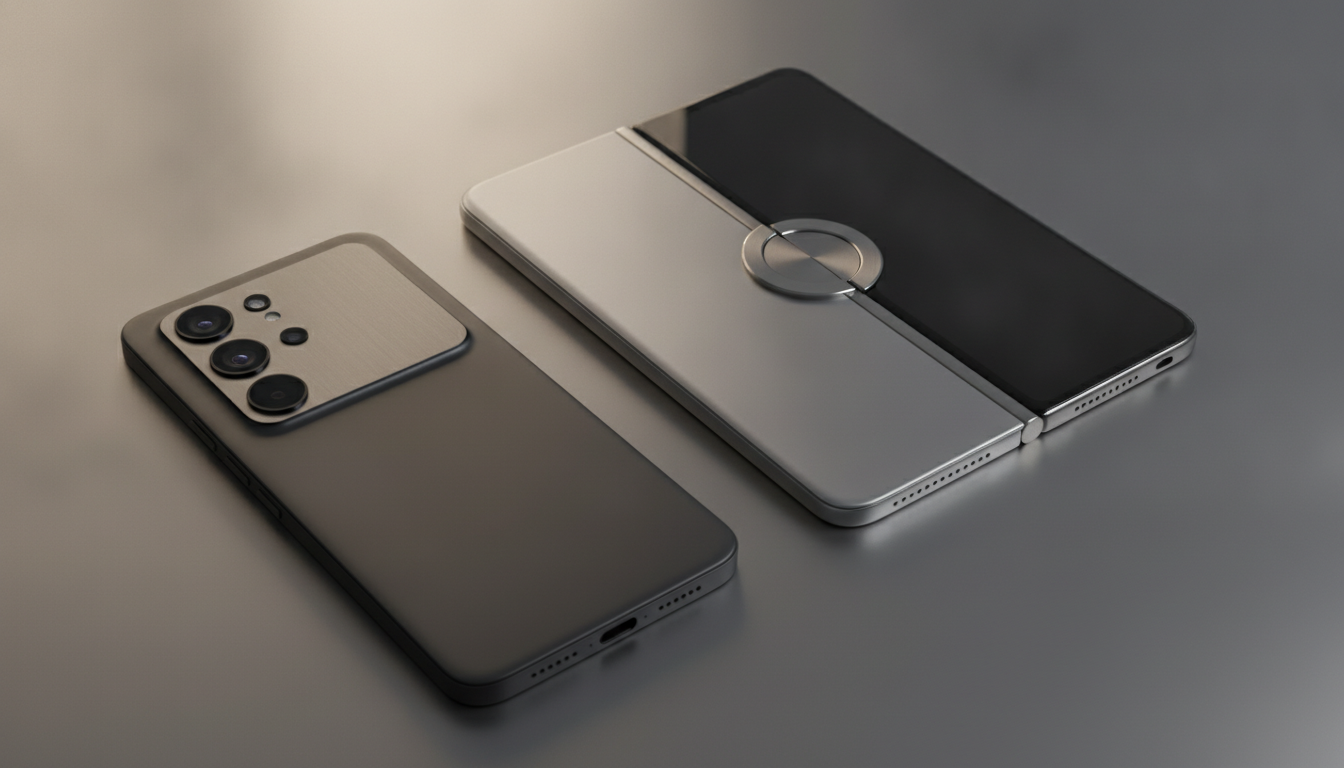 A sleek, modern smartphone next to a partially unfolded foldable smartphone, both showcasing advanced design and technology.