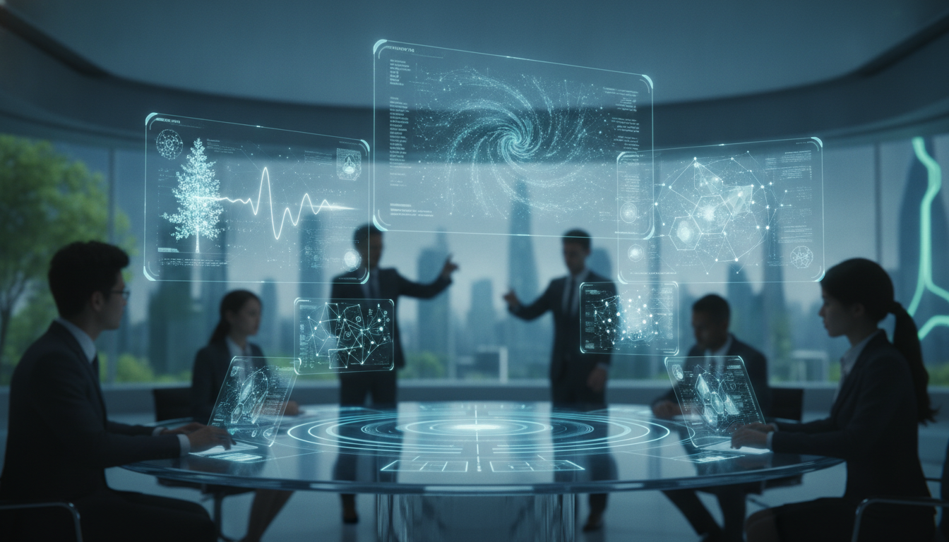 Conceptual image illustrating the convergence of AI, quantum computing, and sustainable technology in a collaborative setting.