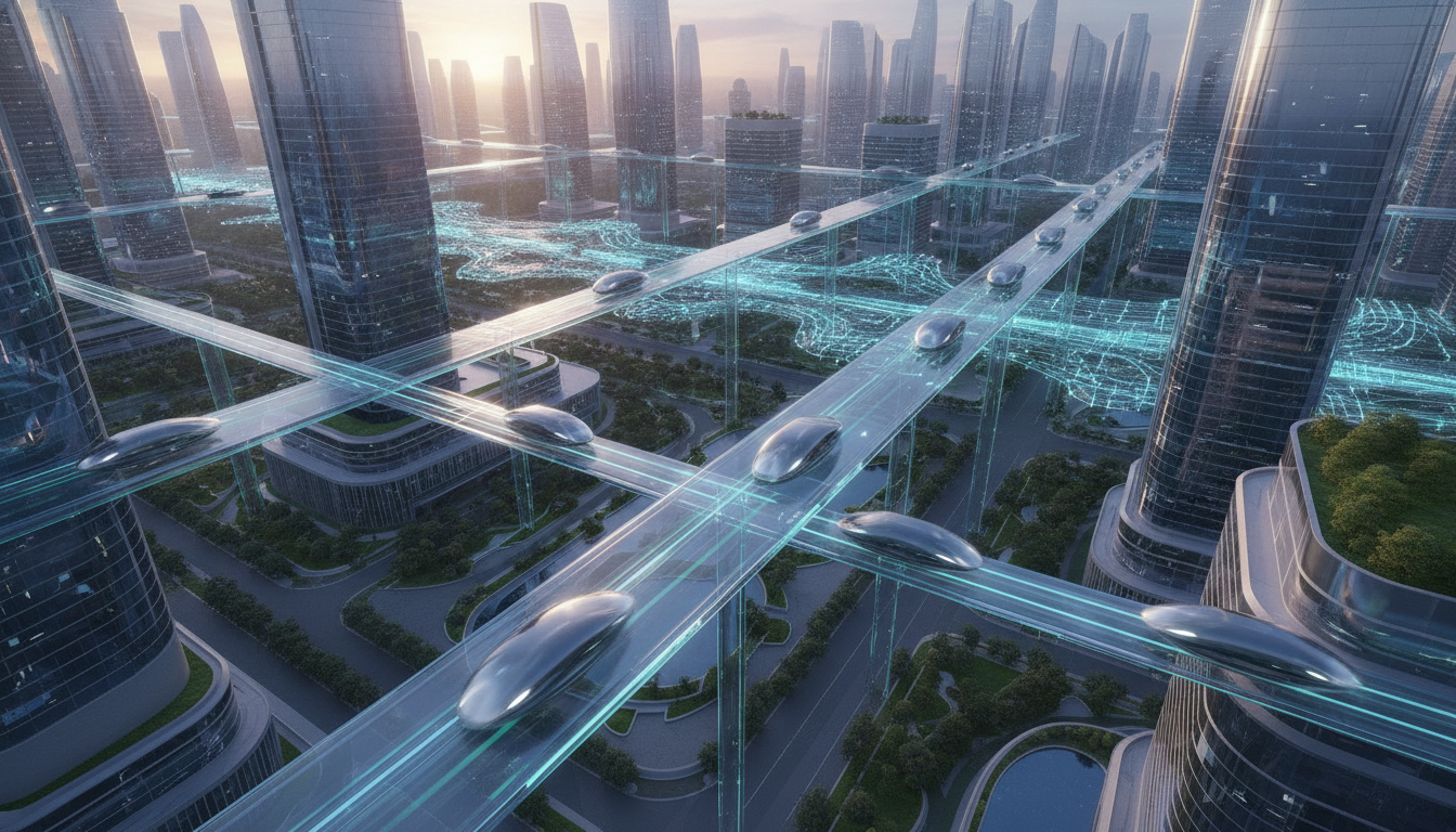 Futuristic city skyline with abstract electric vehicles, symbolizing global EV and mobility technology.