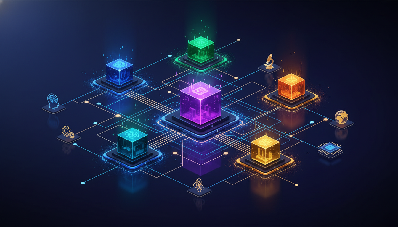 Digital ecosystem showing diverse AI models and specialized applications interconnected and collaborating.