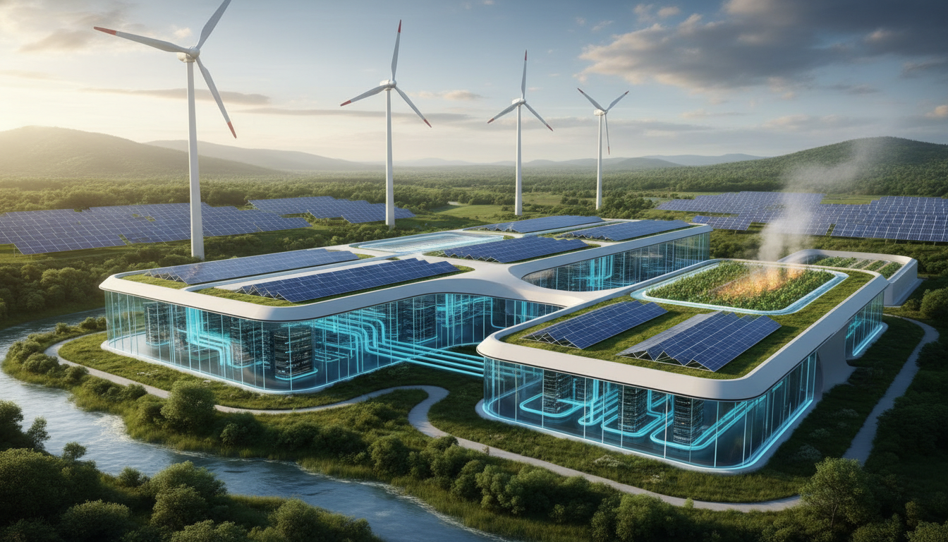 A modern, sustainable data center powered by integrated solar panels and wind turbines, showcasing advanced cooling systems and green technology.