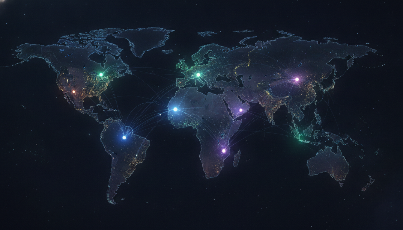 A glowing, interconnected global network symbolizing AI events and collaboration worldwide.