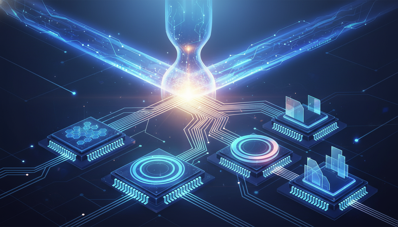 Abstract illustration of a data bottleneck representing GPU scarcity, leading to a diverse array of specialized AI microchips.
