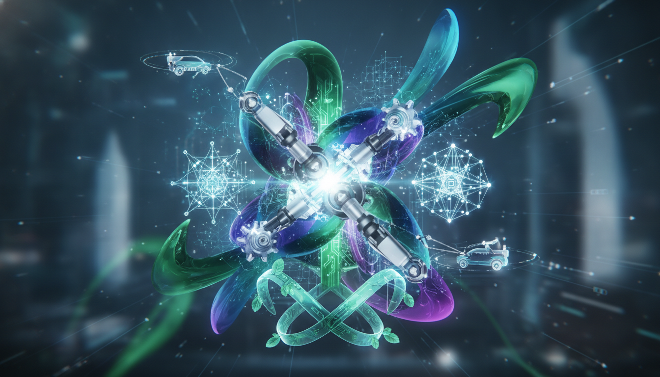 An abstract representation of various deep technology sectors like AI, robotics, and sustainable tech converging in the German startup scene.