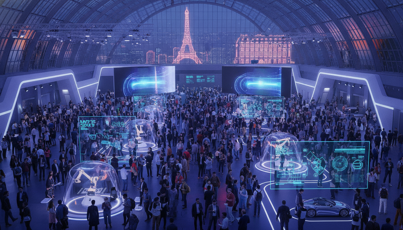A dynamic aerial view of a large, modern tech conference in Paris, filled with diverse attendees exploring futuristic exhibits.