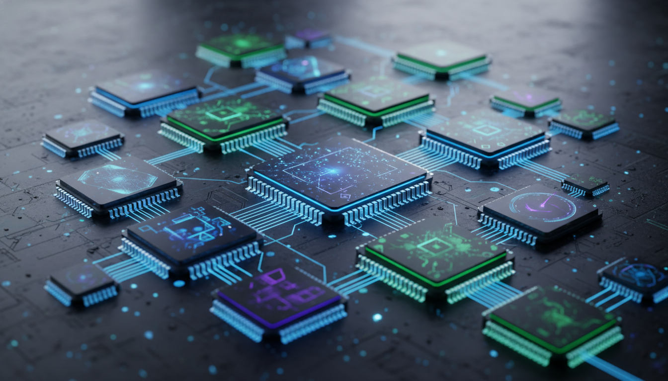 An interconnected network of diverse, futuristic specialized AI semiconductor chips, representing a thriving ecosystem of startups.