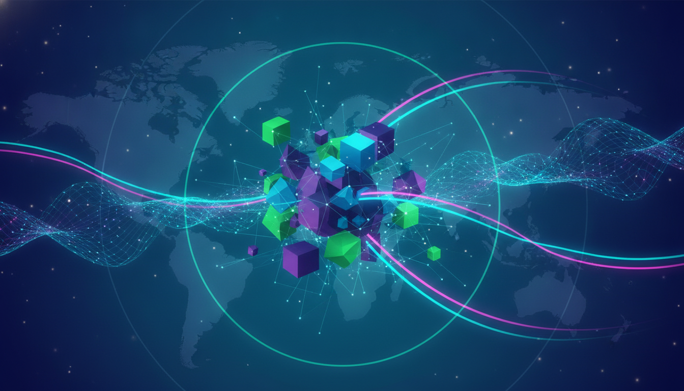 An abstract visualization of global fintech innovation, featuring elements of AI, digital currencies, and fast-moving payment networks.