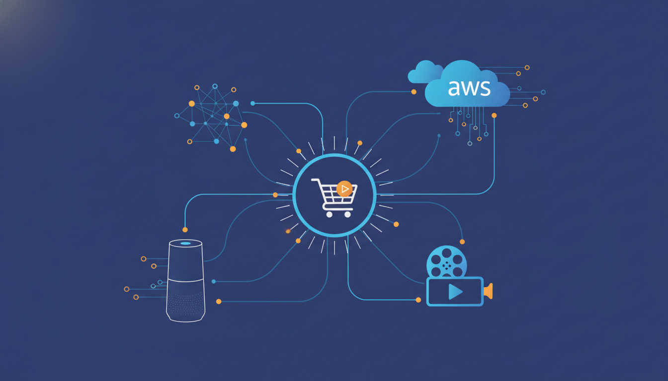 Infographic-style illustration depicting Amazon's diverse services, including e-commerce, cloud computing, and digital entertainment.