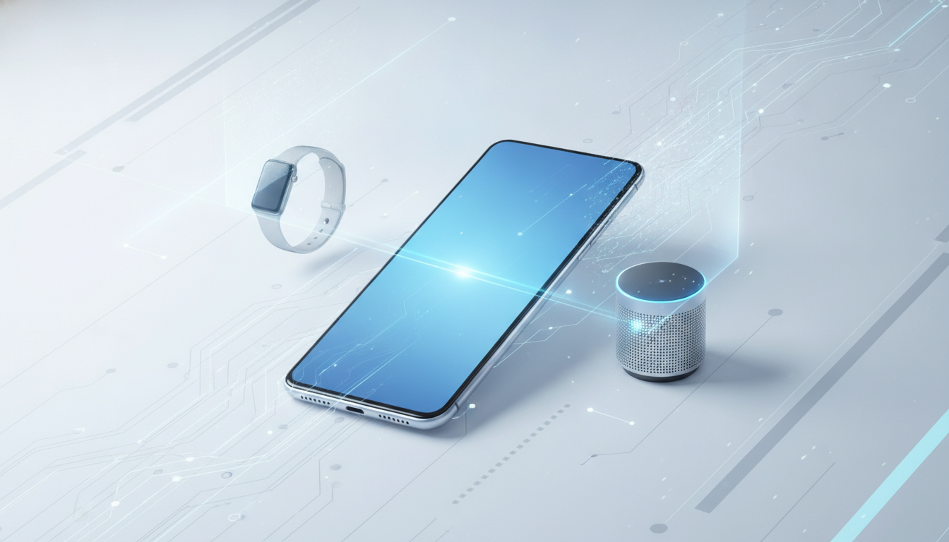 A futuristic foldable smartphone and other smart devices, representing new technology product launches.