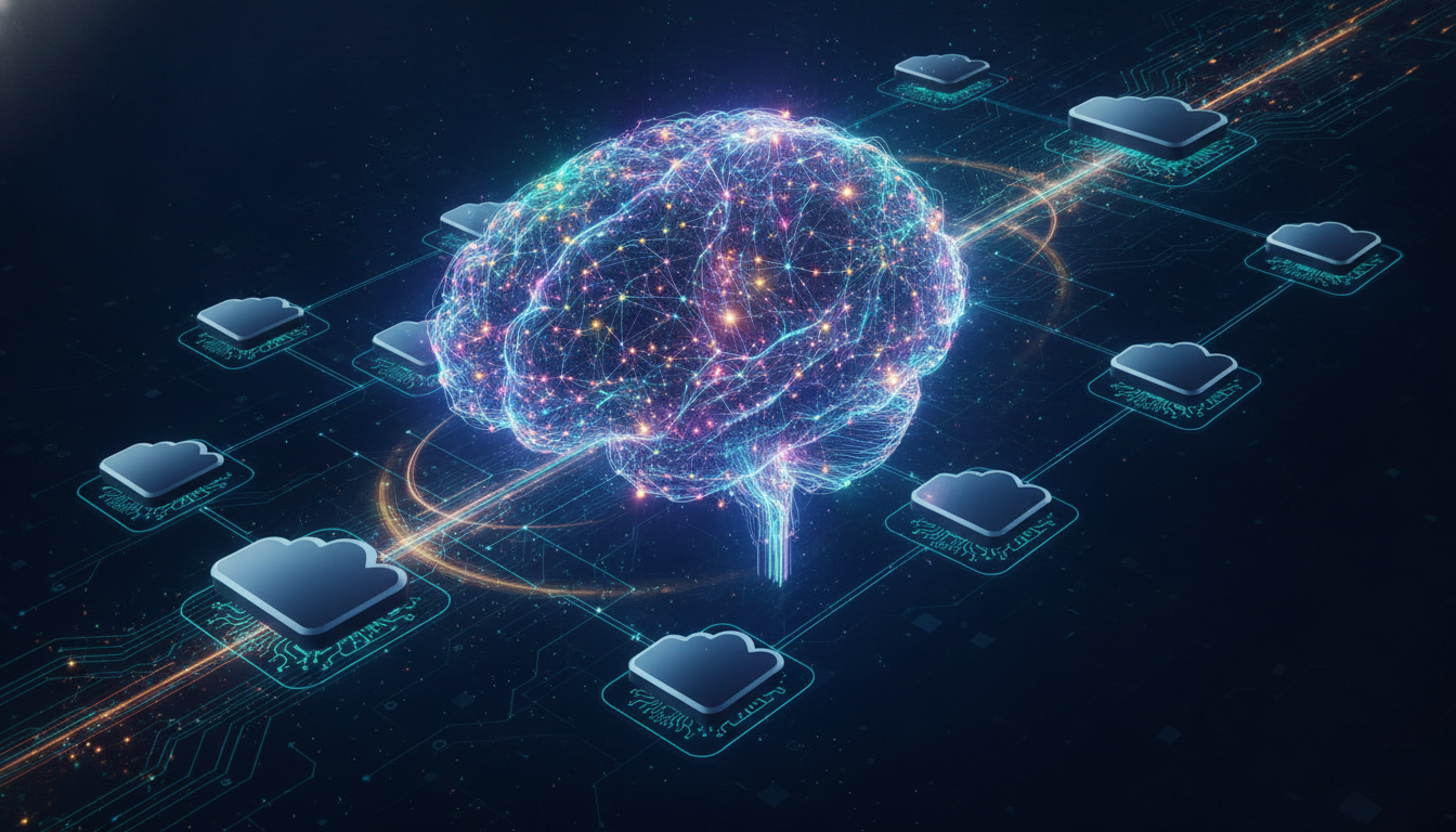 Abstract visualization of a neural network seamlessly integrated with cloud infrastructure, symbolizing generative AI and cloud operations.