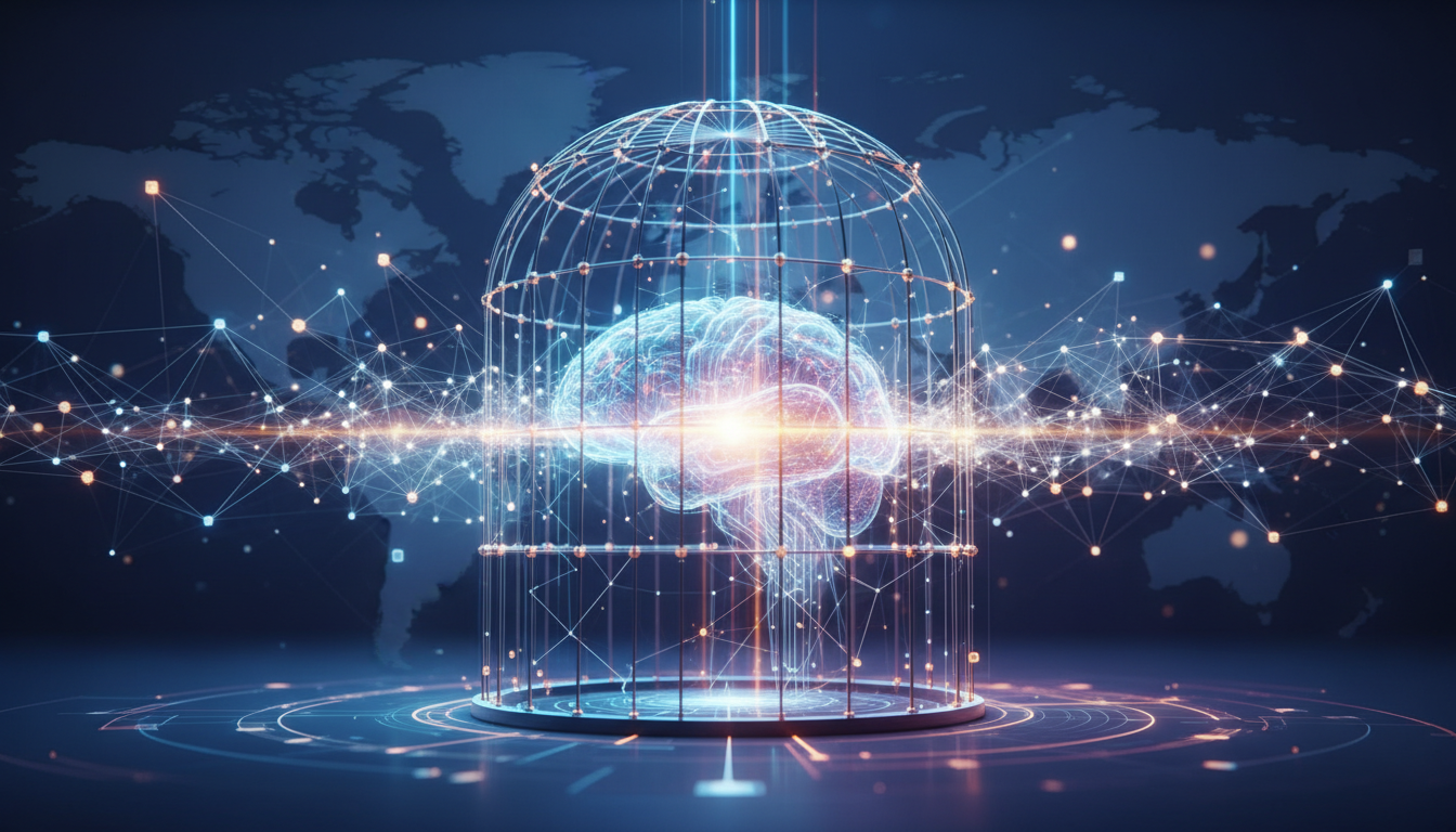 Abstract visual symbolizing the EU AI Act's regulatory framework guiding AI innovation and creating opportunities.