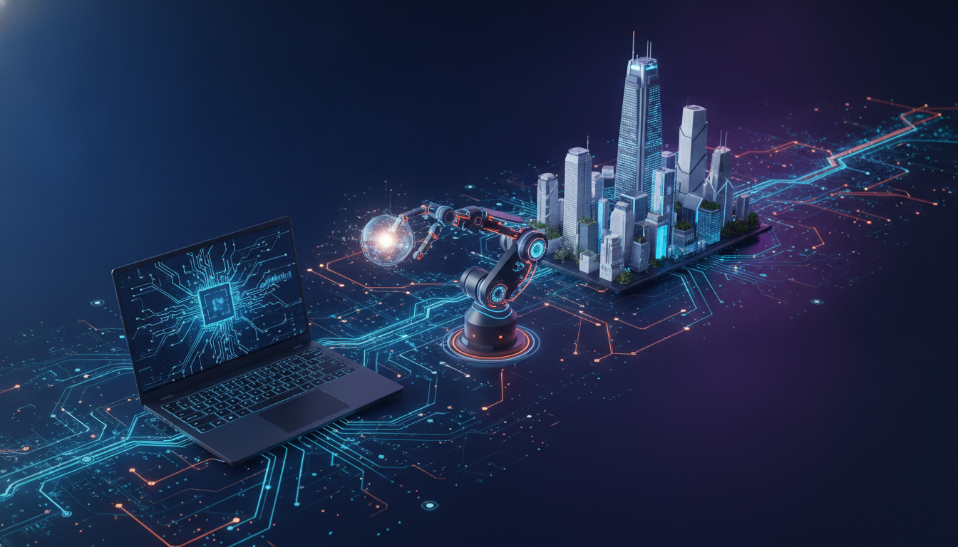 Abstract representation of AI connecting devices, robotics, and smart infrastructure, symbolizing integrated intelligence.