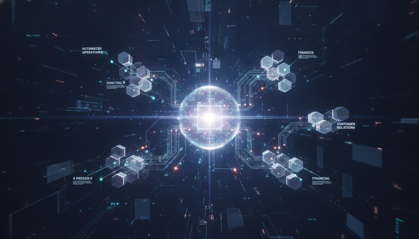 Abstract representation of enterprise AI agents integrating and automating complex business workflows.