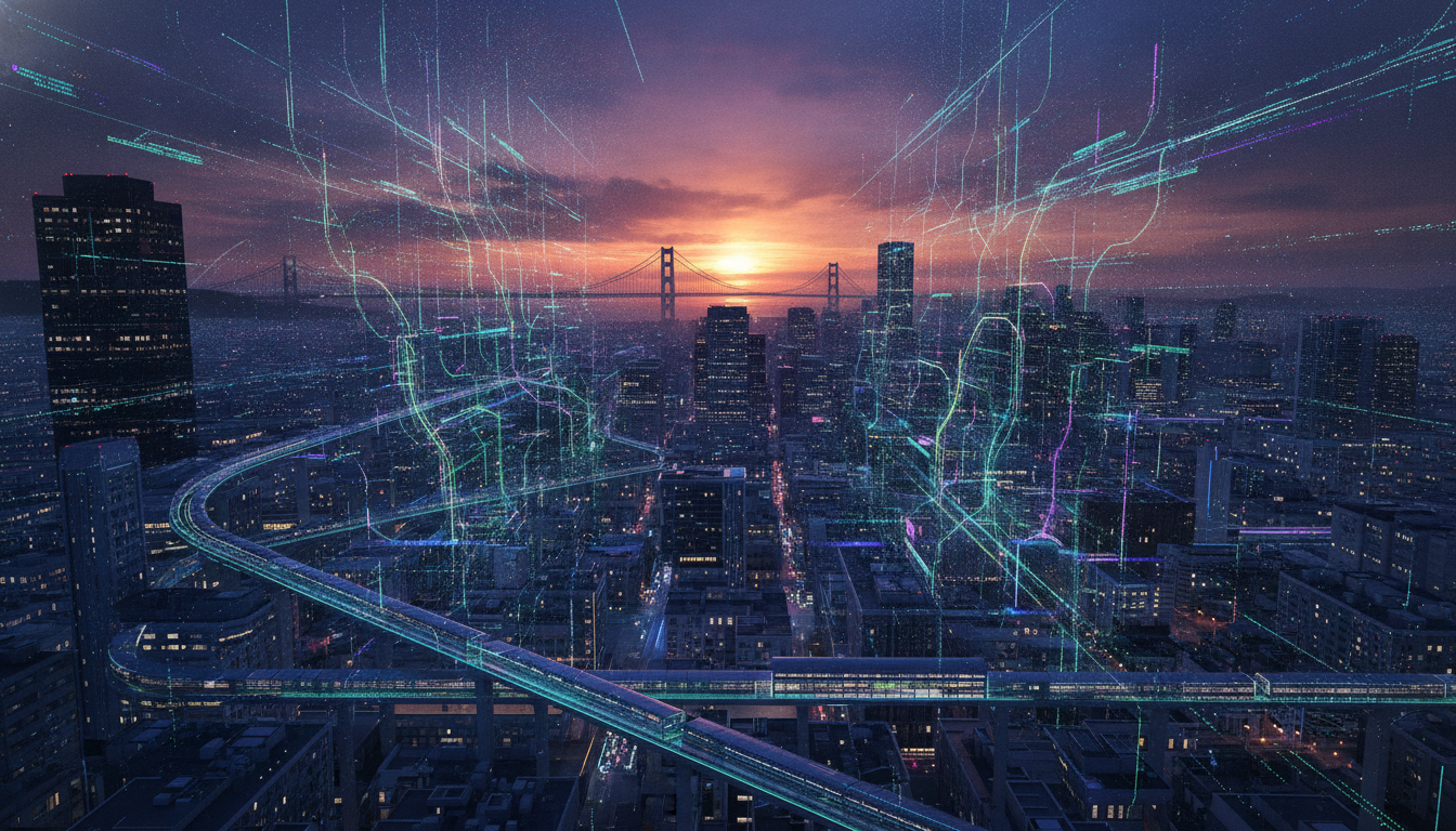 San Francisco cityscape at sunset with abstract glowing data streams, symbolizing technology and innovation.