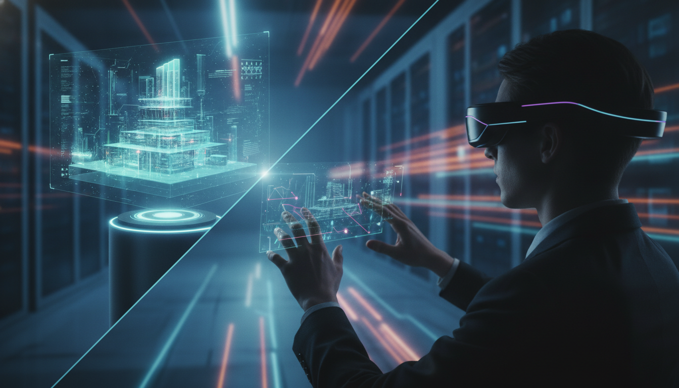 Holographic 3D model and AR interaction, symbolizing tech convergence.